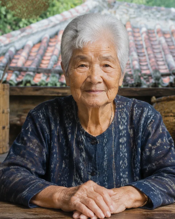 Kiyo Higa at her table, the red tile roofs behind her